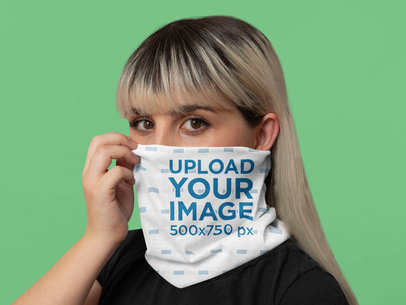 Neck Gaiter Mockup Featuring a Woman in a Studio