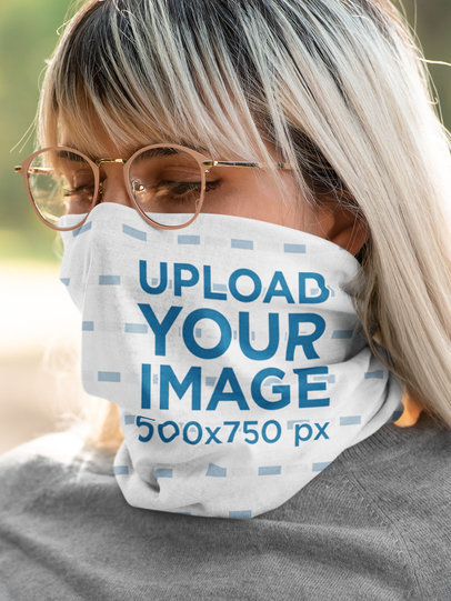 Mockup of a Woman with Glasses Wearing a Neck Gaiter