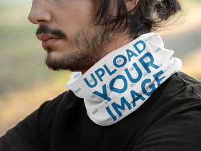 Mockup of a Bearded Man with a Tubular Bandana Around His Neck