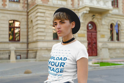 T-Shirt Mockup of a Young Woman with a Trendy Haircut 