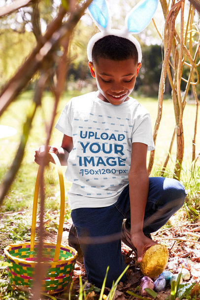 T-Shirt Mockup of a Boy Hunting Eggs 