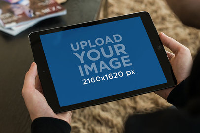 Over-the-Shoulder Mockup of an iPad Being Held in Landscape Position by a Man