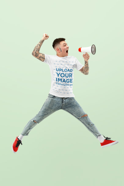 T-Shirt Mockup Featuring a Man Jumping with a Megaphone 34388-r-el2
