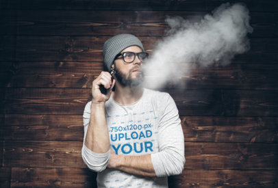 Heather Long Sleeve Tee Mockup of a Man Vaping