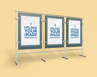Mockup of Three Poster Displays Featuring a Solid Color Backdrop 4155-el1