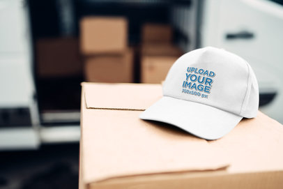 Mockup of a Dad Hat Lying on a Cardboard Box