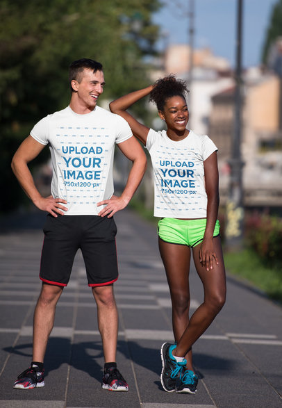 Mockup of a Fitness Couple in T-Shirts Doing Street Workout