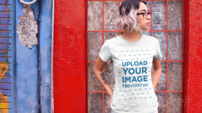 T-Shirt Video of a Woman with a Tattoo Standing on the Street