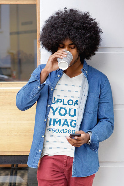 T-Shirt Mockup Featuring a Man with Curly Hair Drinking a Coffee 33830-r-el2