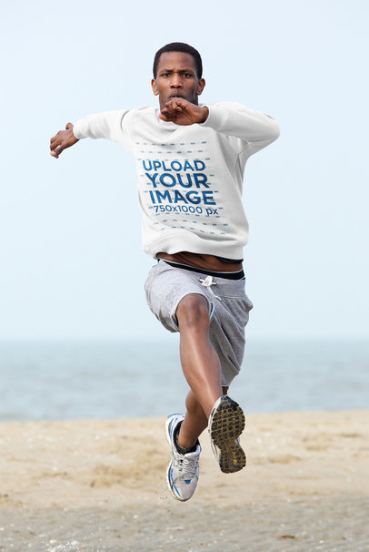 Mockup of a Man with a Heathered Sweatshirt doing a Long Jump 