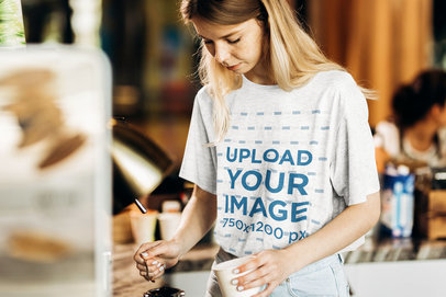 Mockup of a Barista Wearing a Heathered T-Shirt