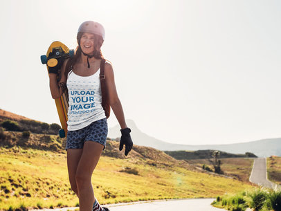Heathered Tank Top Mockup of a Cool Woman with a Longboard 