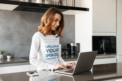 Long Sleeve Tee Mockup Featuring a Woman Working on Her Computer 