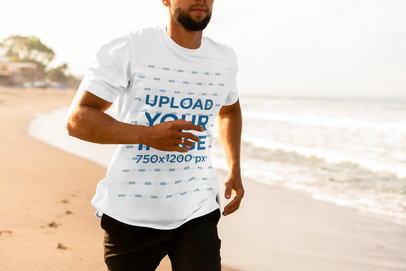 Cropped Face Mockup of a Bearded Man with a T-Shirt Running on the Beach