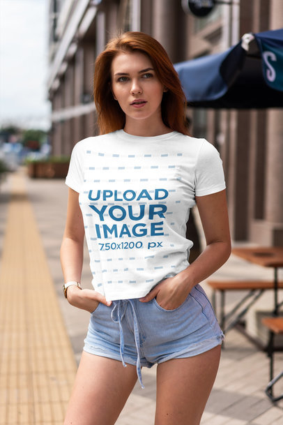 Mockup Featuring a Serious Long-Haired Woman Wearing a Customizable Tee 