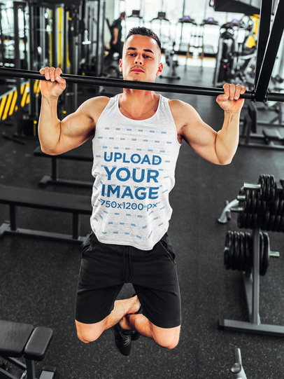 Tank Top Mockup Featuring a Man Doing Pull-Ups