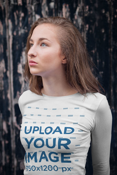 Closeup Mockup of a Serious Woman Wearing a Long-Sleeve Tee