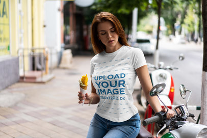 T-Shirt Mockup of a Woman Eating an Ice Cream on the Street 4293-el1
