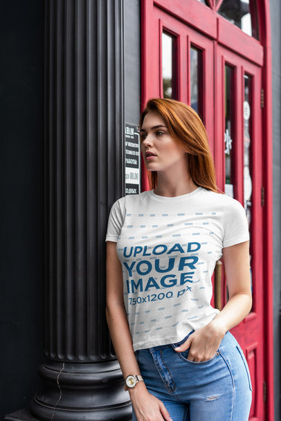 T-Shirt Mockup of a Woman Leaning Against a Dark Column 4295-el1