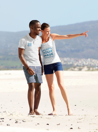 Mockup of a Woman in a Tank Top with Her Boyfriend Wearing a Polo Shirt at the Beach 34803-r-el2