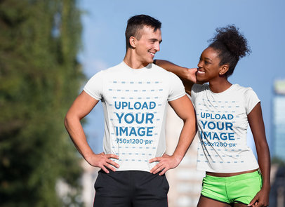 Jersey Mockup Featuring a Couple Smiling on the Street