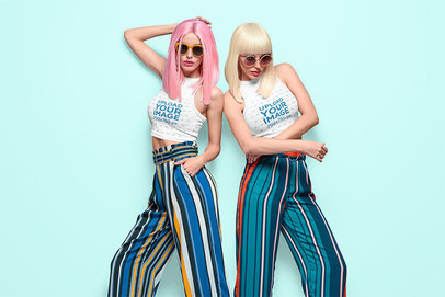 Mockup of Two Women with Wigs Wearing Cropped Tank Tops