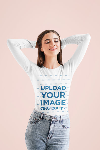 Long Sleeve Tee Mockup of a Relaxed Woman in a Studio