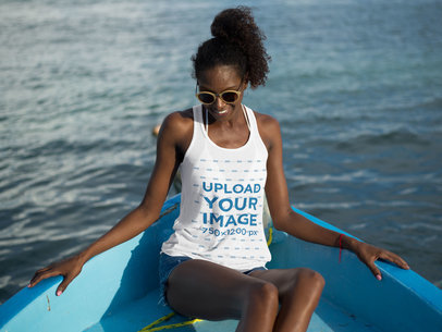 Beach Tank Top Mockup Featuring a Woman on a Boat in the Sea