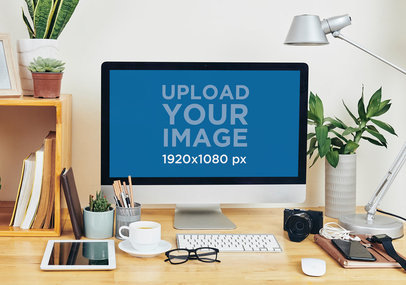 Mockup of an iMac on a Desk Surrounded by Houseplants 36672-r-el2