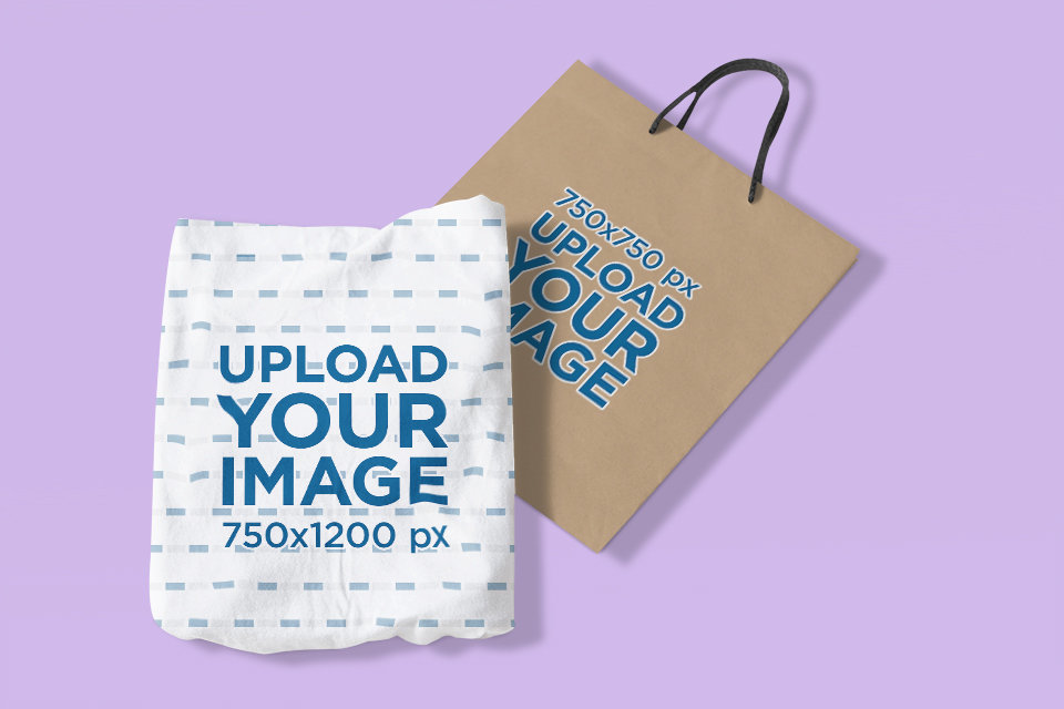 Mockup Featuring a Sublimated T-Shirt and a Paper Bag Lying on a Colored Surface 