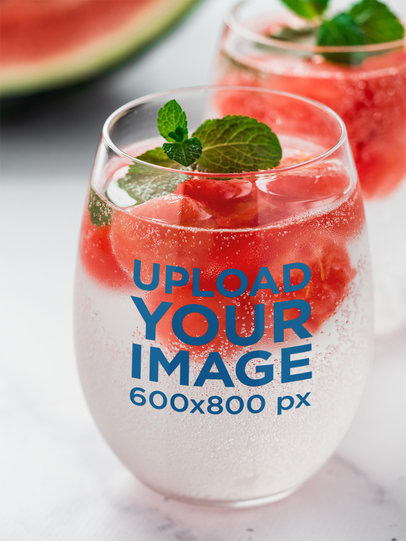 Stemless Wine Glass Mockup Featuring a Watermelon-Infused Drink