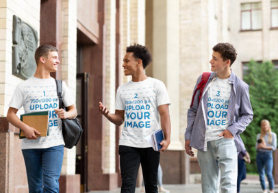 Mockup of Three College Friends Wearing T-Shirts 