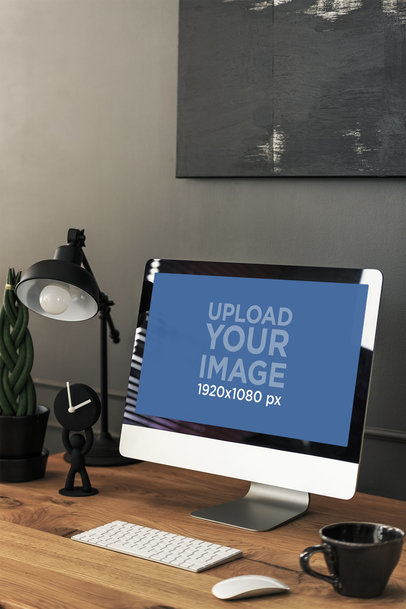Mockup of an iMac Featuring a Wooden Desk in a Home Office Setting