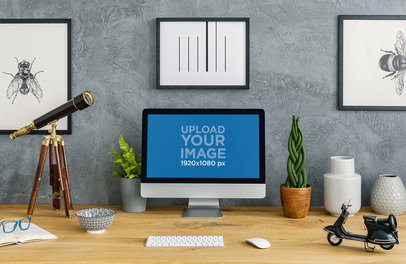 Mockup of an iMac Placed by a Decorative Telescope in a Home Office Setting