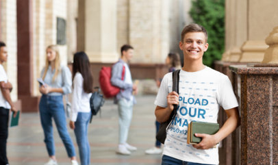 Mockup of a College Student Wearing a T-Shirt on Campus