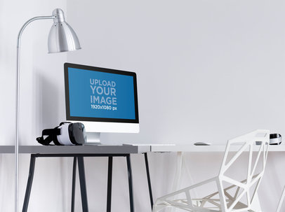 Mockup of an iMac Placed Next to a Virtual Reality Headset 36936-r-el2