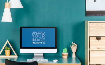 Mockup of an iMac Placed in a Home Setting Under Hanging Lights