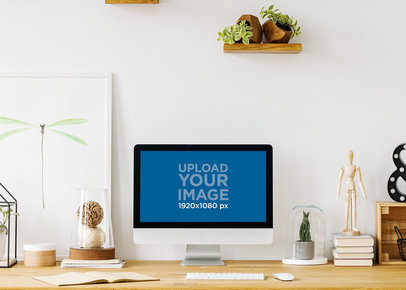 Mockup of an iMac Placed on a Desk by Wooden Shelves