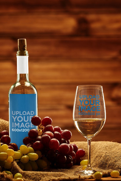 Mockup of a Wine Bottle and a Glass in a Cozy Wooden Setting