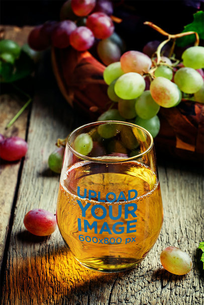 Mockup of a Stemless Wine Glass Surrounded by Fresh Grapes
