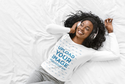 Long Sleeve T-Shirt Mockup of a Woman Listening to Music