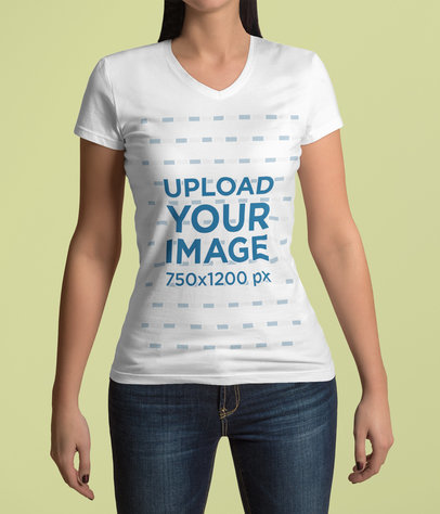 V-Neck T-Shirt Mockup Featuring a Woman in a Studio