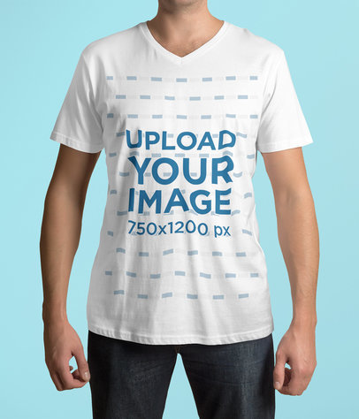 Cropped Face Mockup of a Man Wearing a Customizable V-Neck T-Shirt 