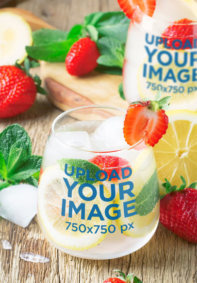 Mockup of a Stemless Wine Glass Featuring a Tropical Drink