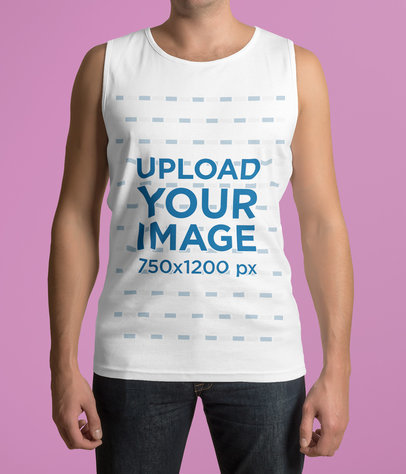 Mockup of a Man Wearing a Customizable Tank Top Against a Solid Color Background 
