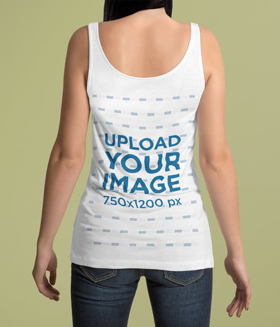 Back View Mockup of a Woman Wearing a Customizable Tank Top Against a Colored Backdrop 