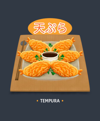Illustrated T-Shirt Design Template with Asian Food Dishes