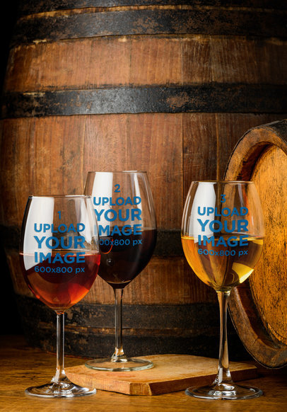 Mockup of Three Wine Glasses by Wooden Barrels 36600-r-el2