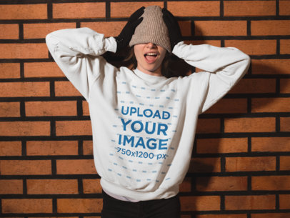 Funny Girl with her Hands on her Head Crewneck Winter Mockup a13242
