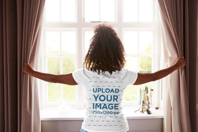 Back View Mockup of a Woman with a Heathered Tee Looking Through the Window 34547-r-el2